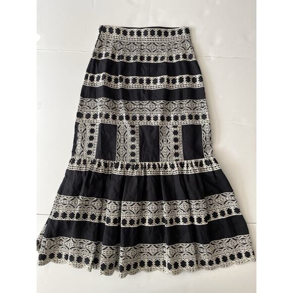 Zara Maxi Linen Blend Skirt S Black Embroidered Aztec Ruffled Western Cottage - Picture 8 of 9